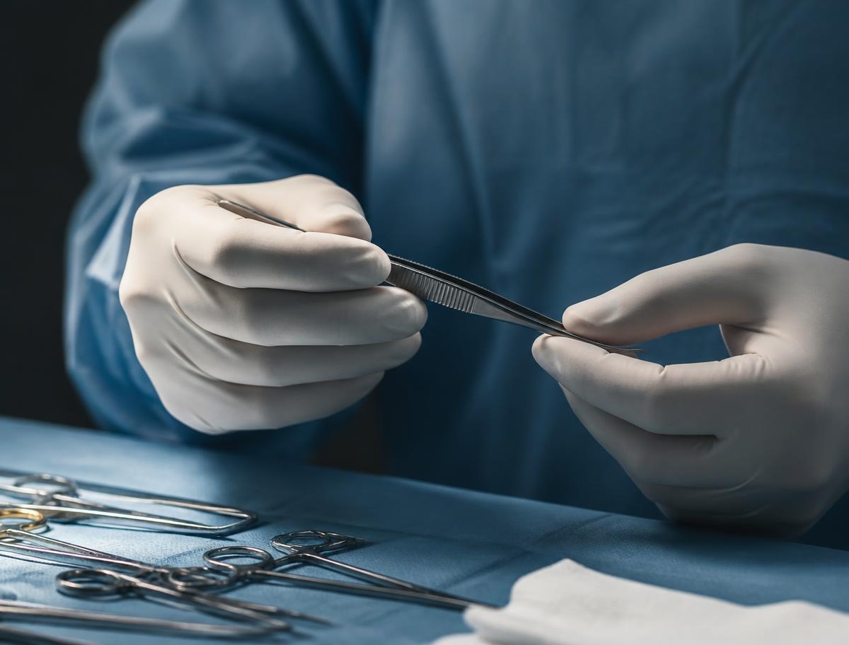 Surgeon's gloved hands preparing sterile surgical instruments